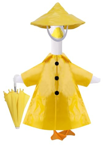 BOXOB 3pcs Porch Goose Outfit Set, Yellow Raincoat with Hat and Umbrella 23in Concrete Yard Goose Clothes Costume Accessories for Summer Outdoor Statues Lawn Garden