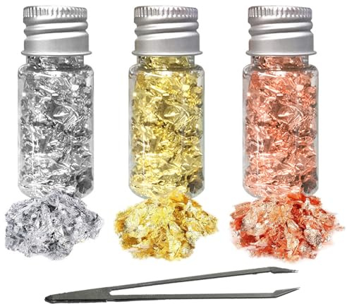 Nzexlyva 3 Bottles Gold Leaf Sheets Cake Decorations, Gold, Silver & Rose Gold Foil for Cake Decorating, DIY Crafts, Cooking Makeup Chocolate Decoration Resin Arts Nails Jewelry Making