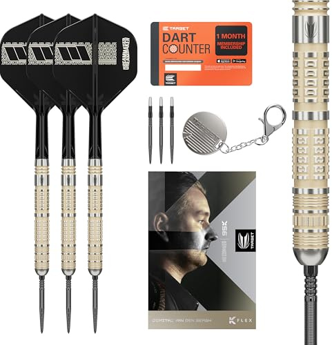 Target Darts Dimitri Van den Bergh Steeldarts 95K-Dartpfeil-Set, 24 g | 95-%-Tungsten-Dartpfeile, K-Flex No. 2 Flights und Schäfte, Schwarze Swiss DX-Points und SP-Tool inkludiert | Player-Edition