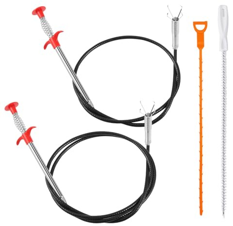 ZOCONE 4 Piezas Alambre Desatascador Tuberias 0.9/2M Largo Cable Desatascador Tuberias Muelle con Pinza y Drain Cleaner Plástico y Cepillo de Limpieza Desagüe, Flexible Limpiador para Baños Ducha