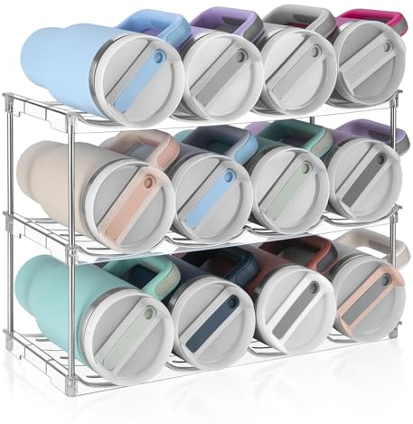 Stackable Water Bottle Organizer Large Compartment Water Bottle Holder | Tumbler Organizer for Stanley 40 oz Cup, Kitchen Cabinet Storage Organizer for Stanley Cup Accessories, 3 Tier Hold 12 Bottle