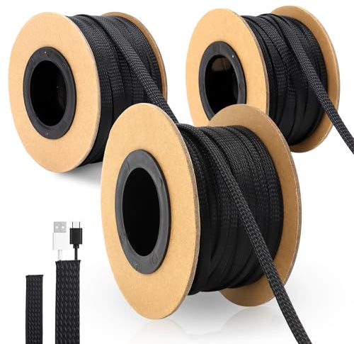300 Feet 1/4, 1/2, 3/8 Inches Cord Protector, Wire Loom PET Expandable Braided Sleeving Braided Sleeve for TV Computer Home Theater(Black)