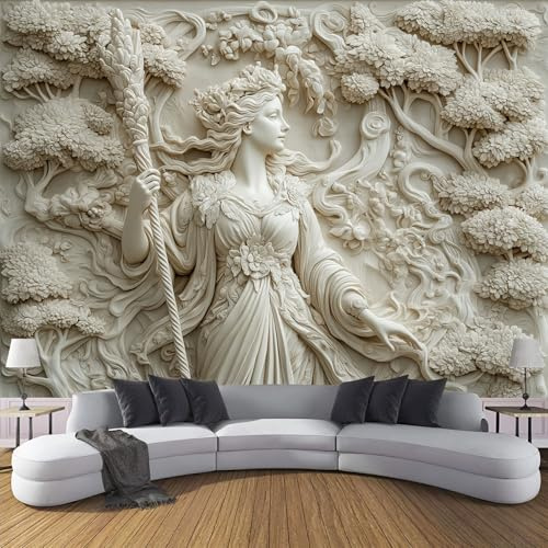 ZISTRCBAO Plante Déesse 3D Papier Peint Panoramique 300x210cm, Papier Peint Soie Portrait En Relief De Plâtre, Mural Poster Tableaux Muraux Pour Salon Chambre Décoration Murale, Couleur Crème