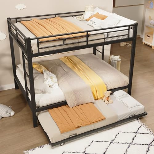 EURHCIO Lit Superposé Enfant 140x200cm avec lit Gigogne 90x190,Lit Superposé 3 Places avec Sommier à Lattes Solide,Barrière Haute,Cadre en Fer,pour Enfants Adolescents(Noir, 140x200)