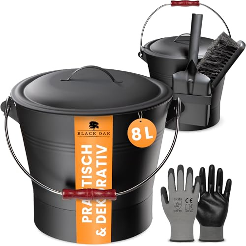 BLACK OAK Cubo de cenizas Lanin de 8 l, color negro, con tapa y mango de madera, color oscuro, escoba + pala y guantes – 8 l, acero galvanizado y recubrimiento en polvo para pellets de ceniza y carbón