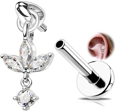 OUFER 16G Filettatura Interna Lotus Helix Orecchino 316L Acciaio Chirurgico, CZ Marquise Pendente Fiore Labret Labbro Stud Tragus Piercing Gioielleria 6 mm