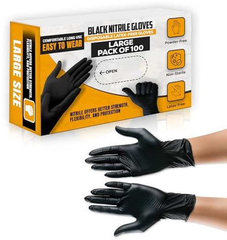 AHG Large Black Nitrile Disposable Gloves Pack of 100 | Latex-Free & Powder-Free | Strong Textured Grip Gloves for Cleaning, Tattoo, Salon, Mechanics, Workshops, Food Prep & Home Use