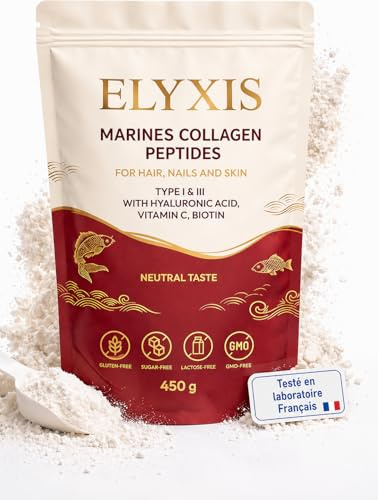 ELYXIS® Marines kollagen pulver högdoserat – peptid typ I och III med hyaluronsyra, C-vitamin, E och biotin – för hud, hår och naglar – 450 g i 45 dagar – neutral smak