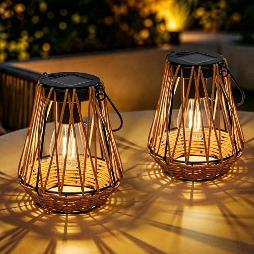 GIGALUMI Solarlampen für außen Hängend,2 Stück Rattan Solar Laternen für draußen, IP44 Wasserdicht Gartendeko für draußen Wetterfest, Handgestrickte Laternen für Patio,Terrasse,Hof ,Rundschreiben