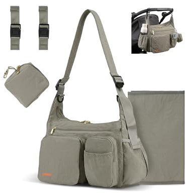 LAIMEIWEE Sac à Langer Bouffant 2-en-1, Organisateur Poussette & Sac Bandoulière, 13L Léger, Sac de Voyage Bébé, Travail, Sport, Maternité, Gris eucalyptus