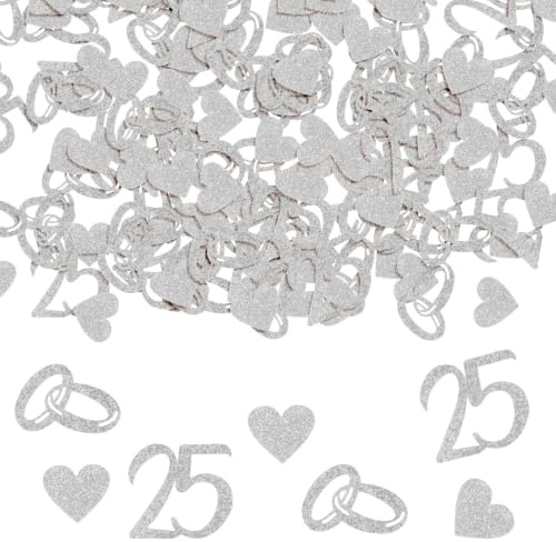 Classicseali 200 Stück Deko Silberhochzeit Streudeko, Konfetti 25 Silber | Tischdeko Silberhochzeit 25 Jahre, Silber Hochzeit Deko 25, Zweifach Glitzerpapier Herzen & Eheringe Motive