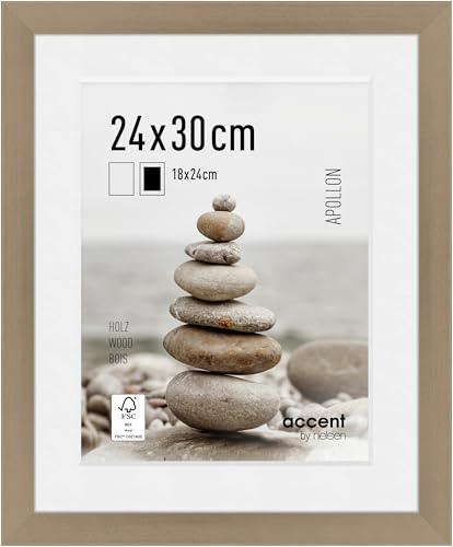 accent by nielsen Holz Bilderrahmen Apollon, 24 x 30 cm, Silber | Holz Rahmen mit Passepartout im Hoch- & Querformat zum Aufhängen Silber glänzend Echtglas