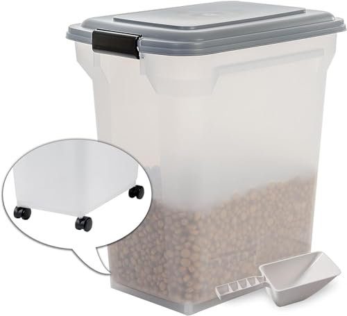 Iris Ohyama Hundefutter Aufbewahrung mit Rollen, 45L/15kg, Grau, Luftdichte Futterbox, Trockenfutter, Futterbehälter, Für Hunde, Katzen, Tierfutterbehälter, Schaufel, BPA-frei, Futtertonne, ATS-L