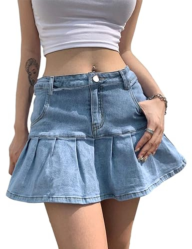 Tanming Women's Pleated Jean Skirt Casual A-Line Ruffle Y2K Mini Denim Skirt (LightBlue-S)