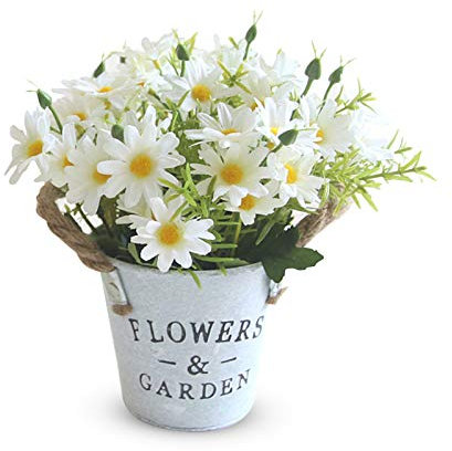 Hwtcjx Artificial Flowers with Vase, Artificial Flowers in Pots, Fake Plants With Metal Pot, Plastic Flower, with Vintage Metal Bucket, Beautiful Decoration, for Wedding, Office, Home (White)