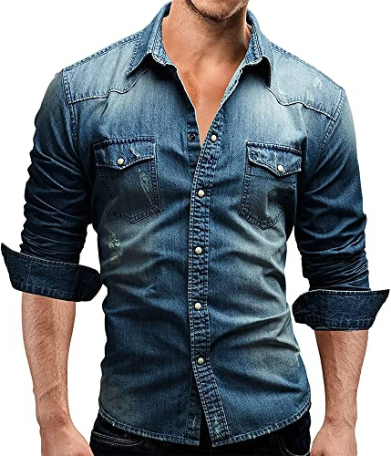 Camicie di jeans da uomo Camicia casual abbottonata slim fit Top in cotone elasticizzato manica lunga Camicia di jeans kingsize Camicie di jeans casual abbottonate da uomo elegante a maniche lunghe