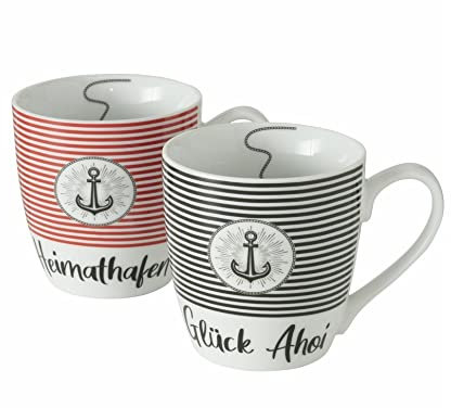 Lot de 2 tasses à café Jumbo XXL 480 ml en porcelaine Motif ancre porte-bonheur AHOI + HEIMATHAFEN