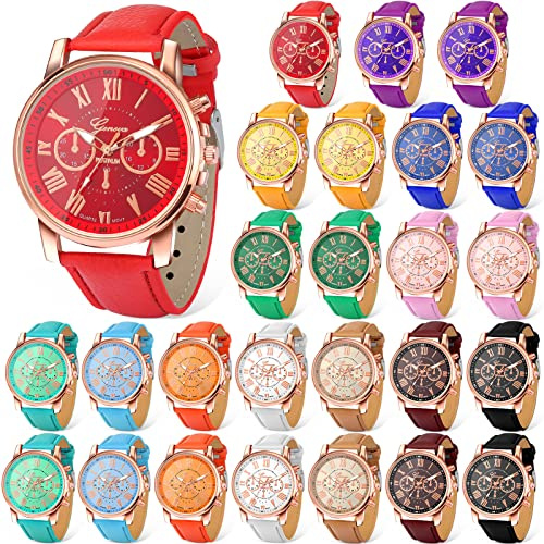 Outus 26 Pack Assorted Platinum Wrist Unisex Watch Wholesale Quartz Watch Sets for Women Men Ladies with PU Leather Belt (Assorted Colors,Classic Business Style)