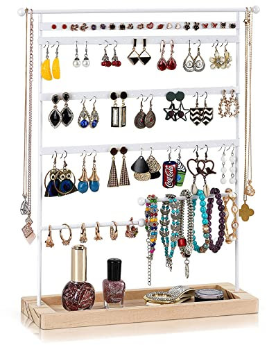 QILICZ Schmuckständer Ohrringständer 80 Löcher Ohrringhalter, 7 Tier Metal schmuckhalter Ohrring Organizer und Kettenständer Uhrenständer mit Holz Aufbewahrung, Ohrstecker Display - 37x31cm Weiß