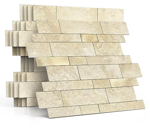 M MOFIT 3D Brick Self Adhesive Wall Tiles,Marble Tile Stickers for Bathroom Waterproof Matte Stick on Tiles Kitchen Peel and Stick Heat Resistant(5sheets,Beige Gold)