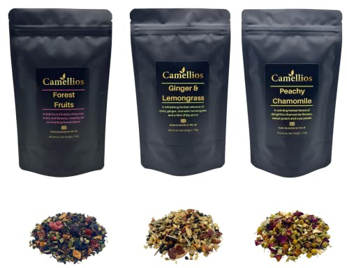 Herbal Tea Selection, 3 Loose Leaf Teas, Camellios (3 x 100g) | Caffeine-Free Whole Leaf Blends | 3 Flavours to Try | UK Hand Blended | Great for Gifting