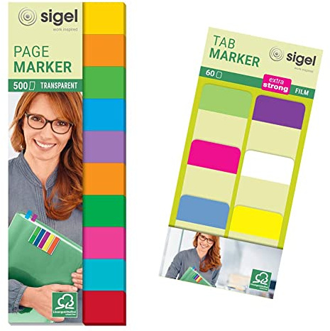 SIGEL HN684 Haftmarker Folie, 500 Mini-Streifen, 10 Farben im Format 12,5 x 44 mm & SIGEL HN203 Tab Marker, extra starke Haftmarker, 25 x 38 mm, 60 Streifen