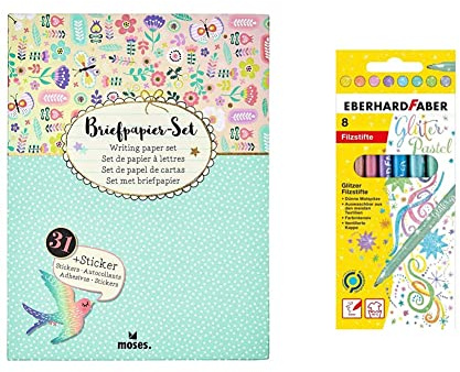 Moses Flowers & Friends Briefpapier-Set | Briefbögen & Eberhard Faber 551009 - Glitzer Filzstifte in 8 intensiven Pastell-Farben, Minenstärke 3 mm, auswaschbar im Kartonetui