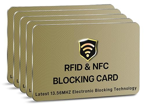 SaiTech IT Confezione da 5 carte con blocco RFID, una carta protegge l'intero portafoglio per uomini e donne, NFC contactless Bank debito carta di credito ID ATM Guard - dorato