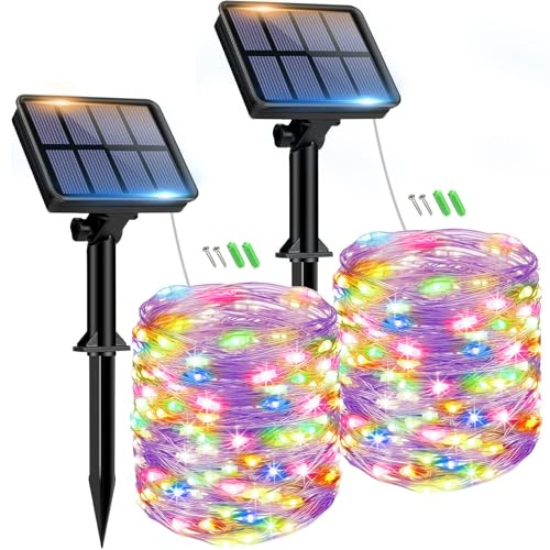 btfarm Solar Lichterkette Outdoor, 2x8M Solarlichterkette Außen Wetterfest | 80LED Lichterkette Aussen, 8 Modi IP65 Wasserdicht Kupferdraht für Garten Balkon Baum Hof Weihnachten Deko (Bunt)