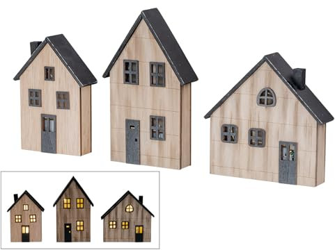 levandeo LED-hus set om 3 dekorativa hyllor MDF trä svart naturligt trähus ljus bordsdekoration timer