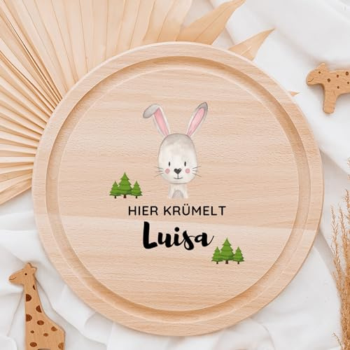 Wunderwunsch Frühstücksbrettchen, Kinder Holzbrett personalisiert rund | Brettchen hier krümelt, Scheidebrett, Holzbrettchen mit Namen, Geschenk Einschulung, Junge, Mädchen, Kind, Frühstücksbrett