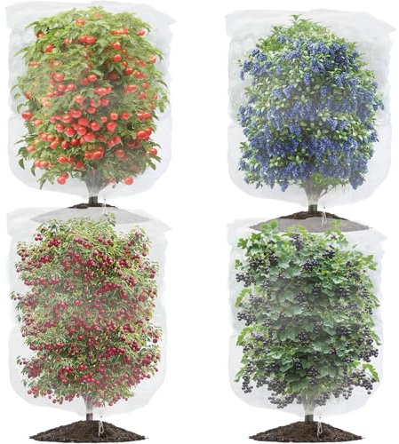 Evoio 4 Pack Garden Plant Protector Covers from Animals with Drawstring, 3.3 Ft x 4.9 Ft Tomato Blueberry Bushes Mesh Garden Plant Netting Barrier Bags for Bird Flower Vegetables Tree Fruits, 100*150