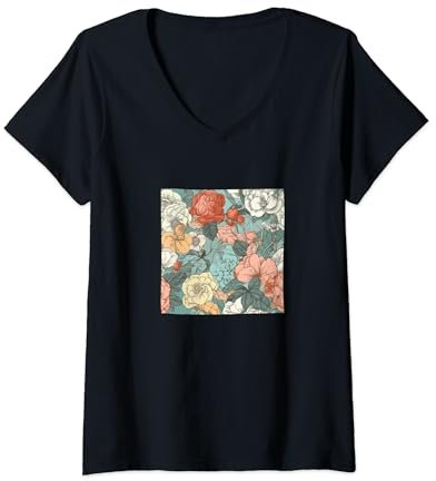Damen Begonie Floral Blumen Muster Grafik T-Shirt mit V-Ausschnitt