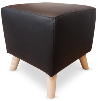 Quattro Meble Schwarzes Echtleder Hocker mit Hellen Buchenfüßen Sitzhocker Rindsleder Sitzwürfel Fußhocker Polsterhocker Echt Leder Puff Naturleder (45 x 45 x H-45 cm)