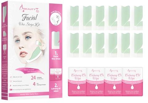 Beauty7 Bandes de cire froide Visage 24 Bandes l'épilation des Visage Formule de Cire pour Peaux Sensibles - Application Facile - Epilation Longue Durée