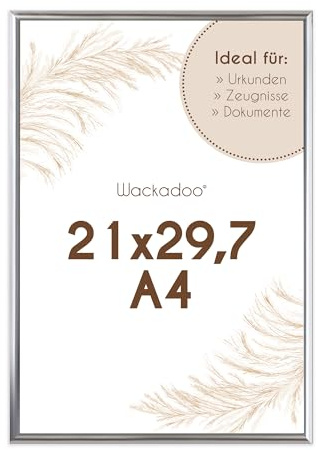 Wackadoo Bilderrahmen A4 21x29,7 (DIN A4) Silber Dokumentenrahmen Fotowand Fotorahmen aus leichtem Kunststoff mit Glas Picture frame Poster