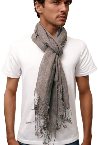 Prettystern Herren Leinen Schal mit Fransen – leichter Sommer-Schal aus 100% Leinen in melierter Uni-Farben, lässiger Look