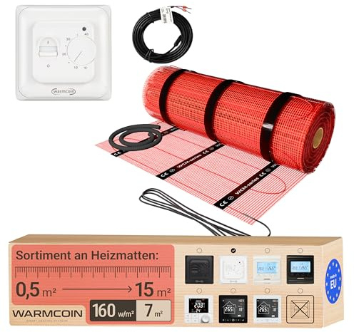 Warmcoin Tappetino riscaldante elettrico a pavimento, autoadesivo, diverse misure, 160 W/m², con termostato W70, bianco (7 m²)