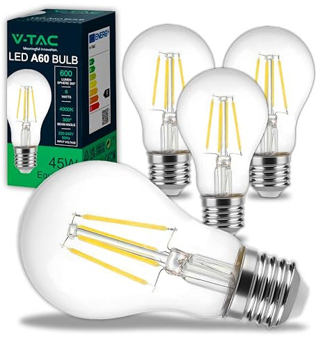 V-TAC 4x Ampoules LED Filament E27 - A60-6W (équivalent 45W) - 600 Lumen - Ampoule LED Verre - Efficacité Maximale et Économie d'Énergie - 4000K Blanc Neutre