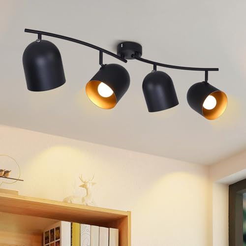 Kowanie Deckenstrahler 4 flammig Deckenleuchte Vintage: E14 Spots Deckenlampe Wohnzimmer Deckenspots in Schwarzgold Küchenlampe Metall schwenkbar Spotleuchte für Küche Schlafzimmer - Ohne Leuchtmittel