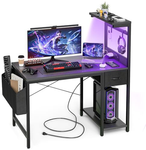 Grandder Gaming Tisch, 100 cm Gaming Schreibtisch mit Steckdose & LED-Beleuchtung, Computertisch mit reversiblen Regalen und Schublade, PC-Schreibtisch für Homeoffice mit Staufach, Carbonoptik Schwarz