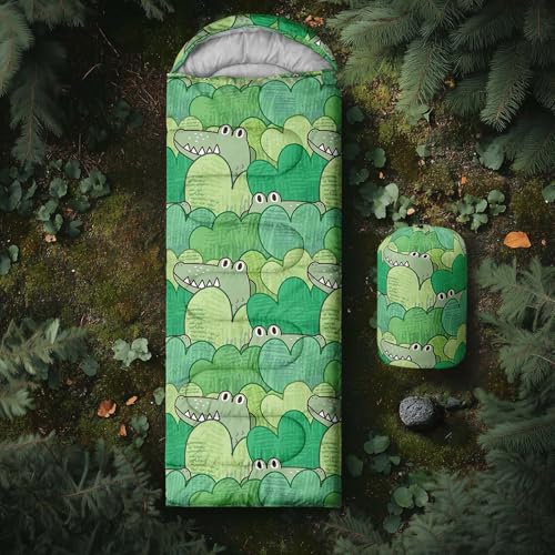 Axolotl Kinder-Schlafsack für Jungen und Mädchen, niedliche Krokodil-Campingtasche für Damen, grüne Herz-Schlafmatte mit Kompressionssack, 3 Jahreszeiten, warmes und kühles Wetter, Schlafsack für