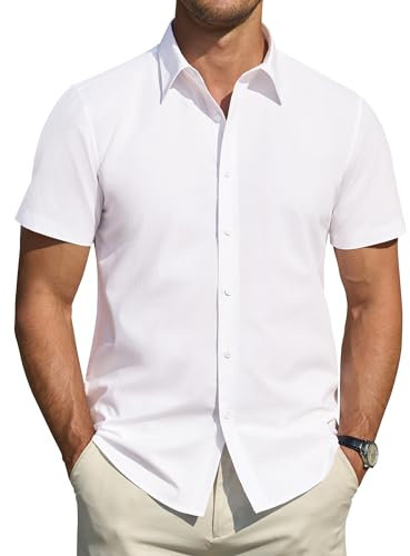 J.VER Mens Shirts Short Sleeve Stretch Stain Shield Summer White Shirt Men Regular Fit Non Iron Dress Business Casual Work Office Formal Shirts 3XL
