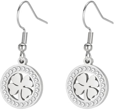 Dreamtime Vierblättrige Kleeblatt Ohrringe für Frauen Glücksanhänger Ohrringe Vierblättriges Kleeblatt Herzförmiger Ohrring Mode Edelstahlschmuck (Silber)