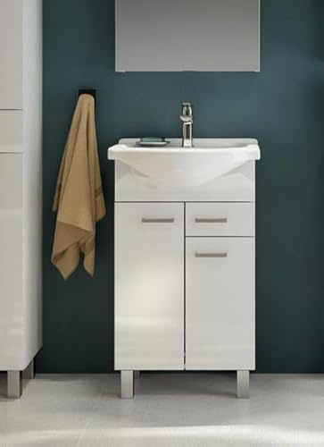 TRANS - PAL Bathroom Vanity Unit with Basin – 550mm Freestanding Sink Cabinet with Drawer – Gloss White – Ideal for Small Bathrooms