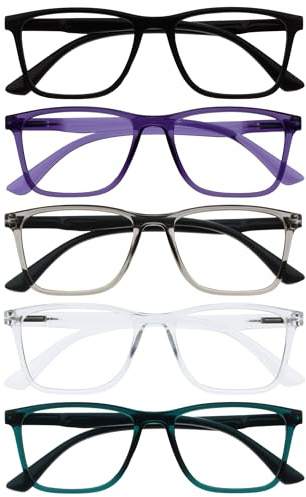 OPULIZE NYX Lunette anti lumiere bleue femme & homme - Lunette Loupe Ecran/Gaming - Lot de 5 - Anti-éblouissement, UV400, Légère - Rectangulaire - Noir Violet Gris Translucide Turquoise - +3,00