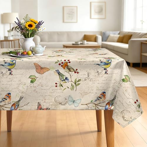 Arquiel Birds Branch Tablecloth Waterproof, Retro Rustic Table Cloth Rectangle, Washable Table Cover for Party Picnic Wedding Outdoor Dining Decor (152x213cm)
