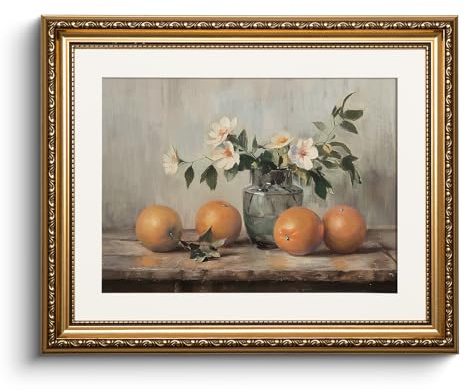 HUARCEY Leinwand Bilder mit Gold Rahmen, klein Vintage Wandbilder, Stillleben mit Orangen und Blumen Painting, Wand Deko Wohnzimmer Schlafzimmer Esszimmer Küche, Bauernhaus Deko Aesthetic,33x40cm
