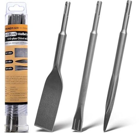 TOOLMAYS Juego de 3 Cinceles SDS-Plus, Cincel Sds Plus | 3 piezas, con cincel plano, cincel para azulejos y cinceles puntiagudos, 250 mm de longitud