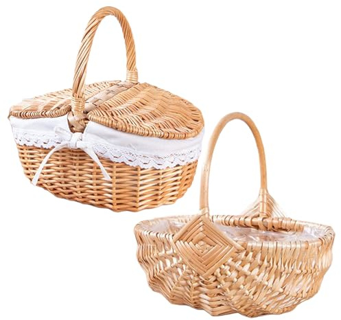 Canasta de Picnic de Mimbre con Mango, Amplio Espacio, Sauce, Canasta de Flores vacía, Cesta de Mano Vintage, Conveniente para Transportar, para Actividades al Aire Libre, Campamento de Playa